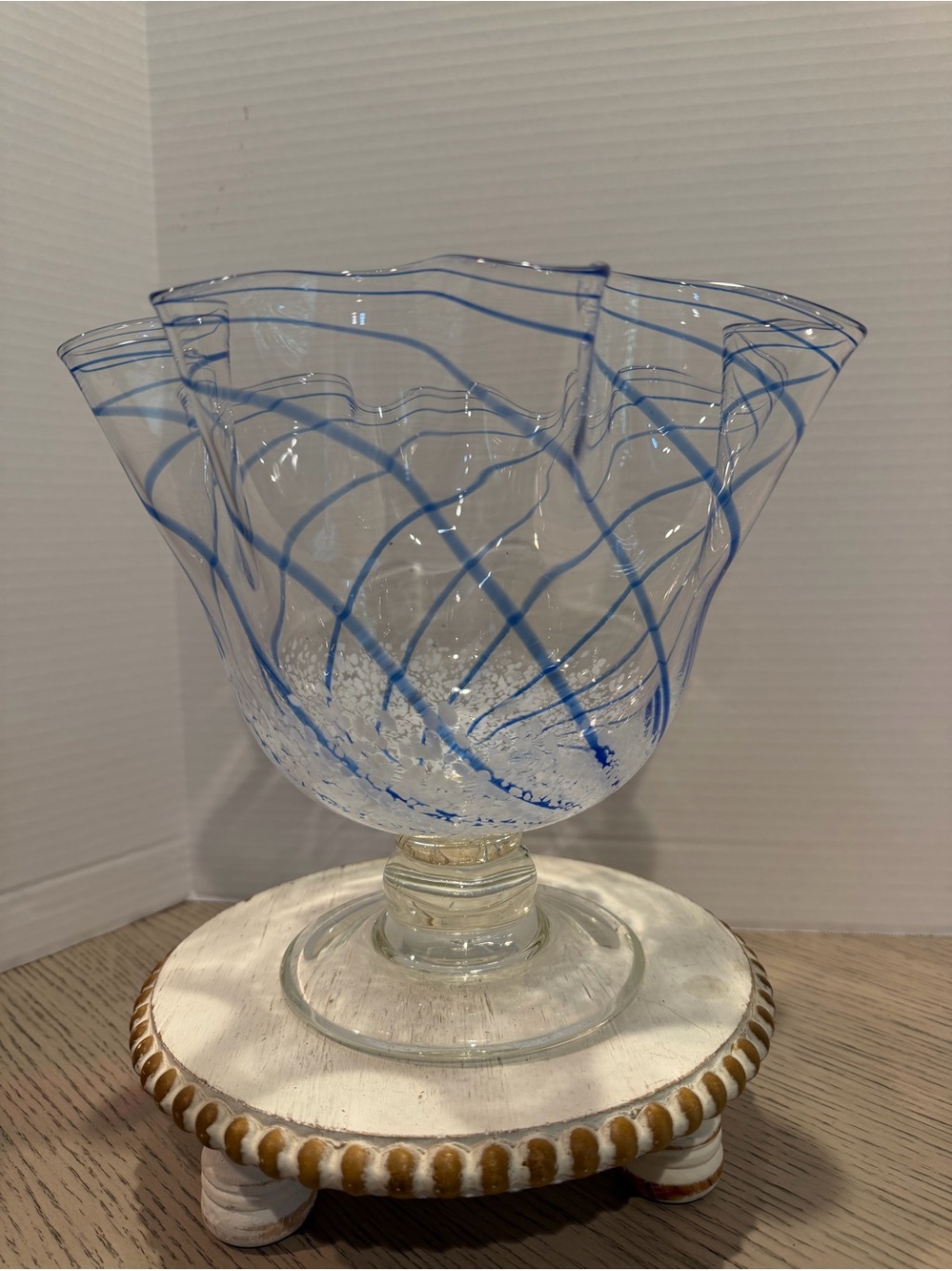 Art Glass Cobalt Blue Hand Blown Glass Swirl Ruffle Edge Bowl pedestal